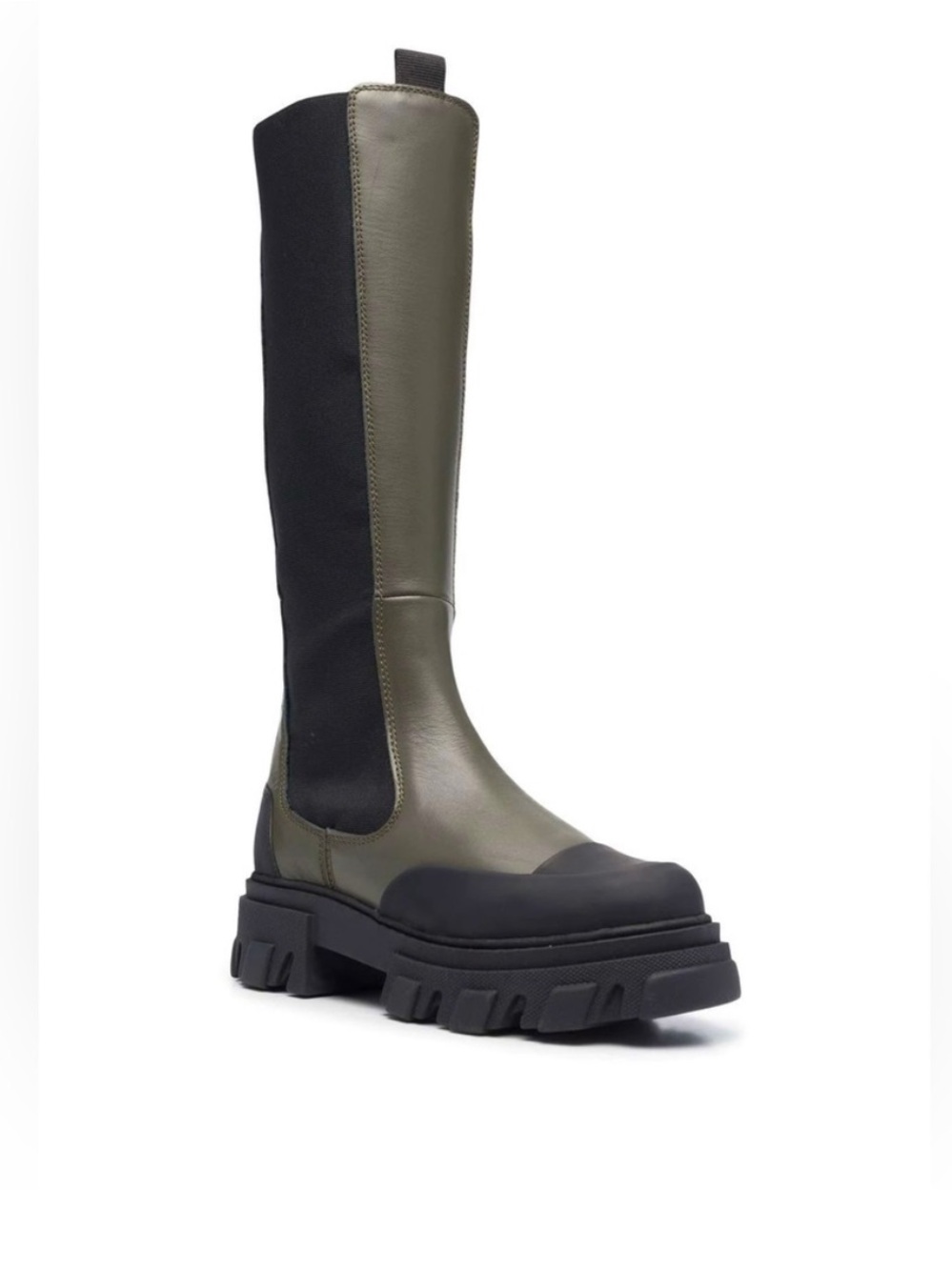 Ganni Olive Green and Black Over-the-Knee Lug Sole Boots